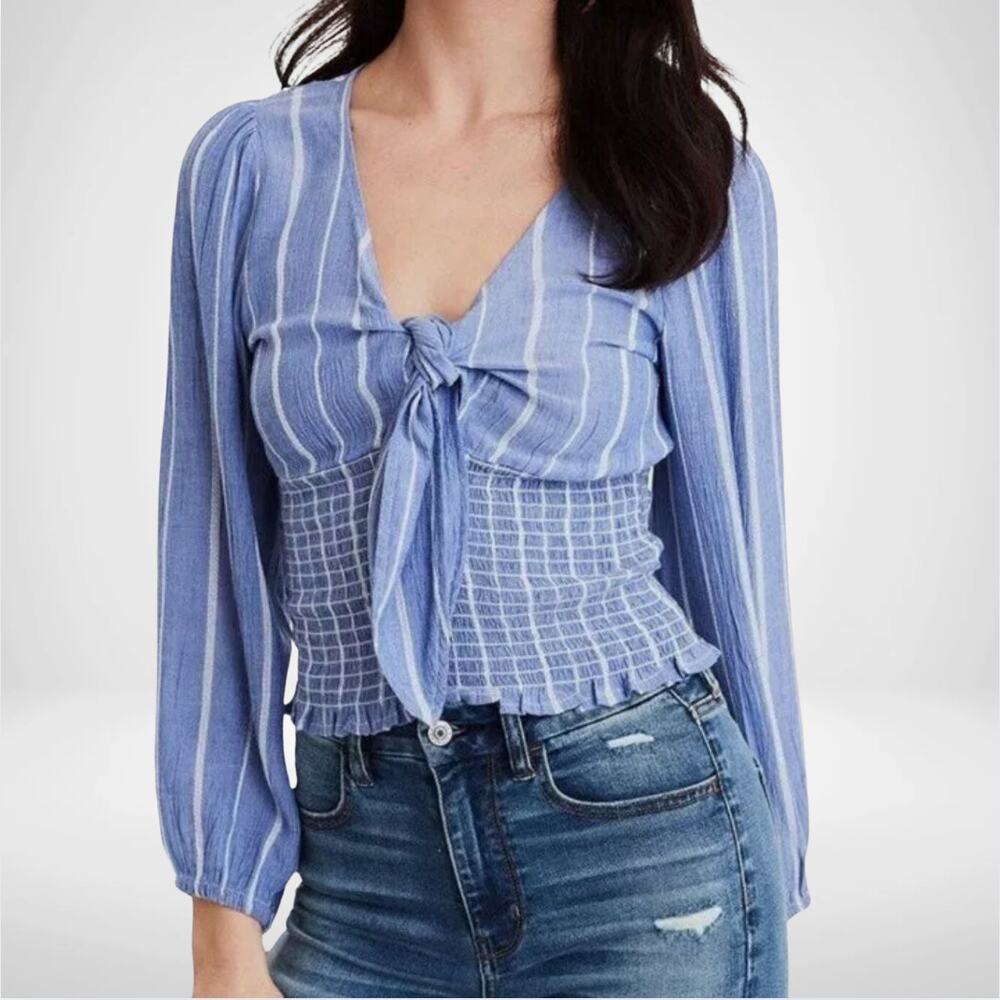 AEO NWT Summer Blue & White Stripe Tie-Front Detail Chic Mock Top, Sz Large